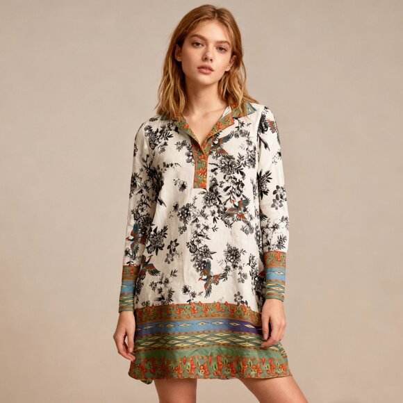 NWOT Johnny Was The Janie Favorite 3/4 Sleeve Polo Swing Dress Bird Print XS